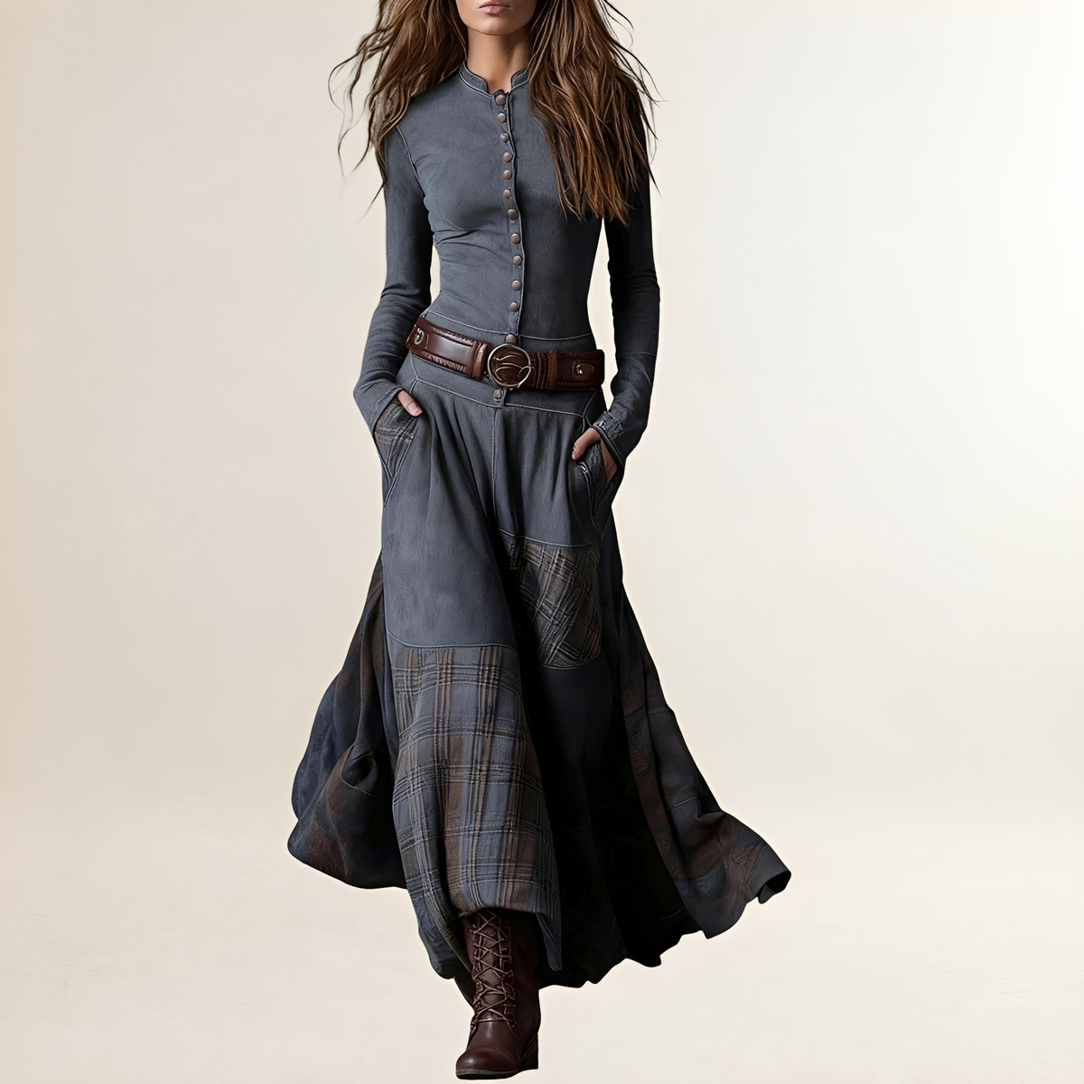 Robe longue femme à col droit et bouton-pression - haut ajusté et jupe plissée à panneaux