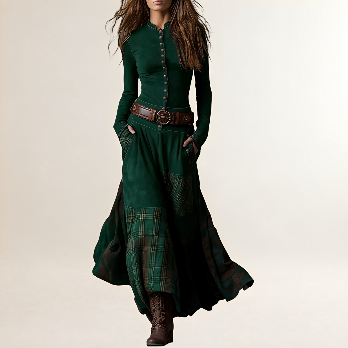 Robe longue femme à col droit et bouton-pression - haut ajusté et jupe plissée à panneaux