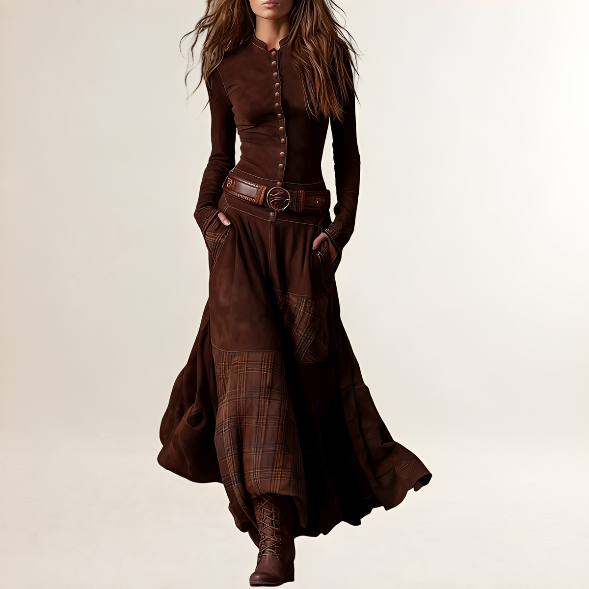 Robe longue femme à col droit et bouton-pression - haut ajusté et jupe plissée à panneaux