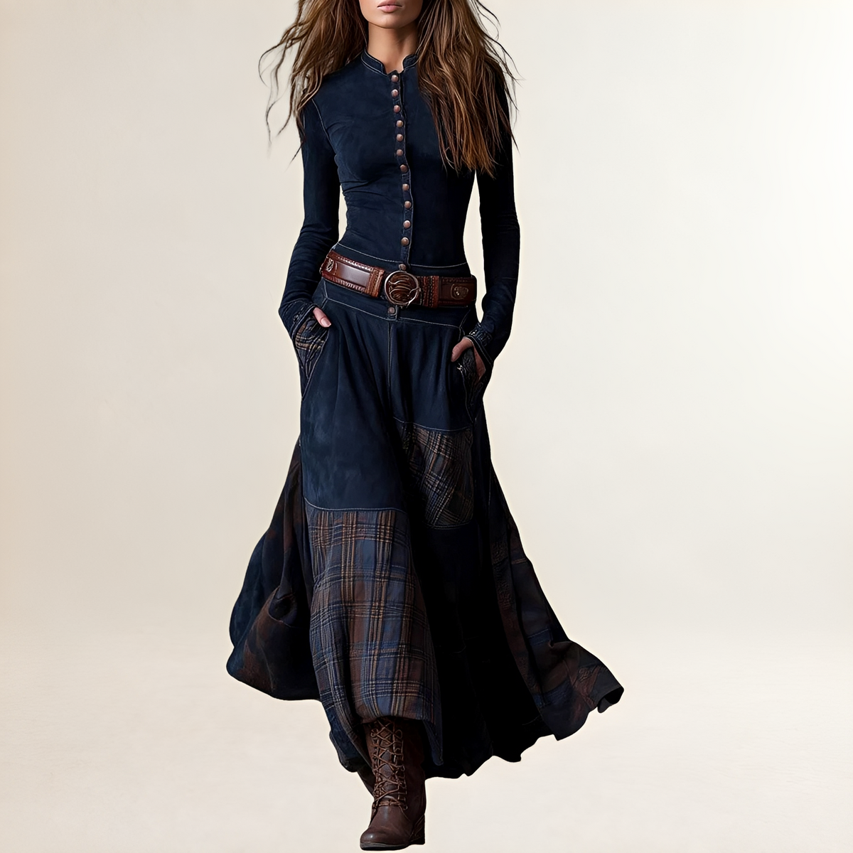 Robe longue femme à col droit et bouton-pression - haut ajusté et jupe plissée à panneaux