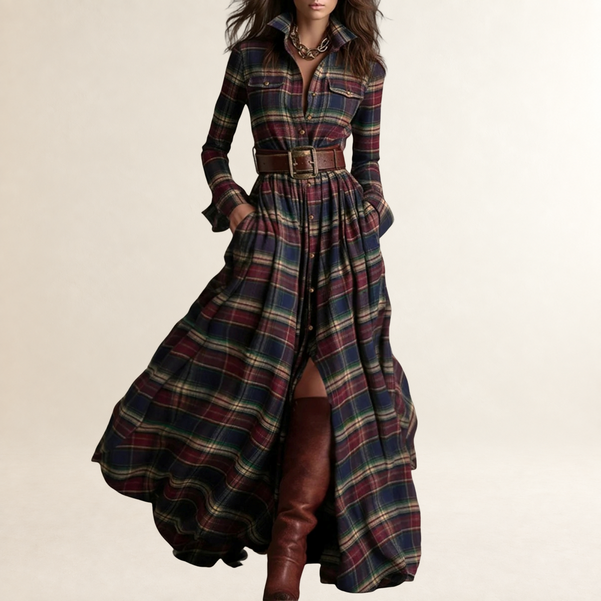 Robe longue femme à col revers motif tartan ceinture coupe décontractée