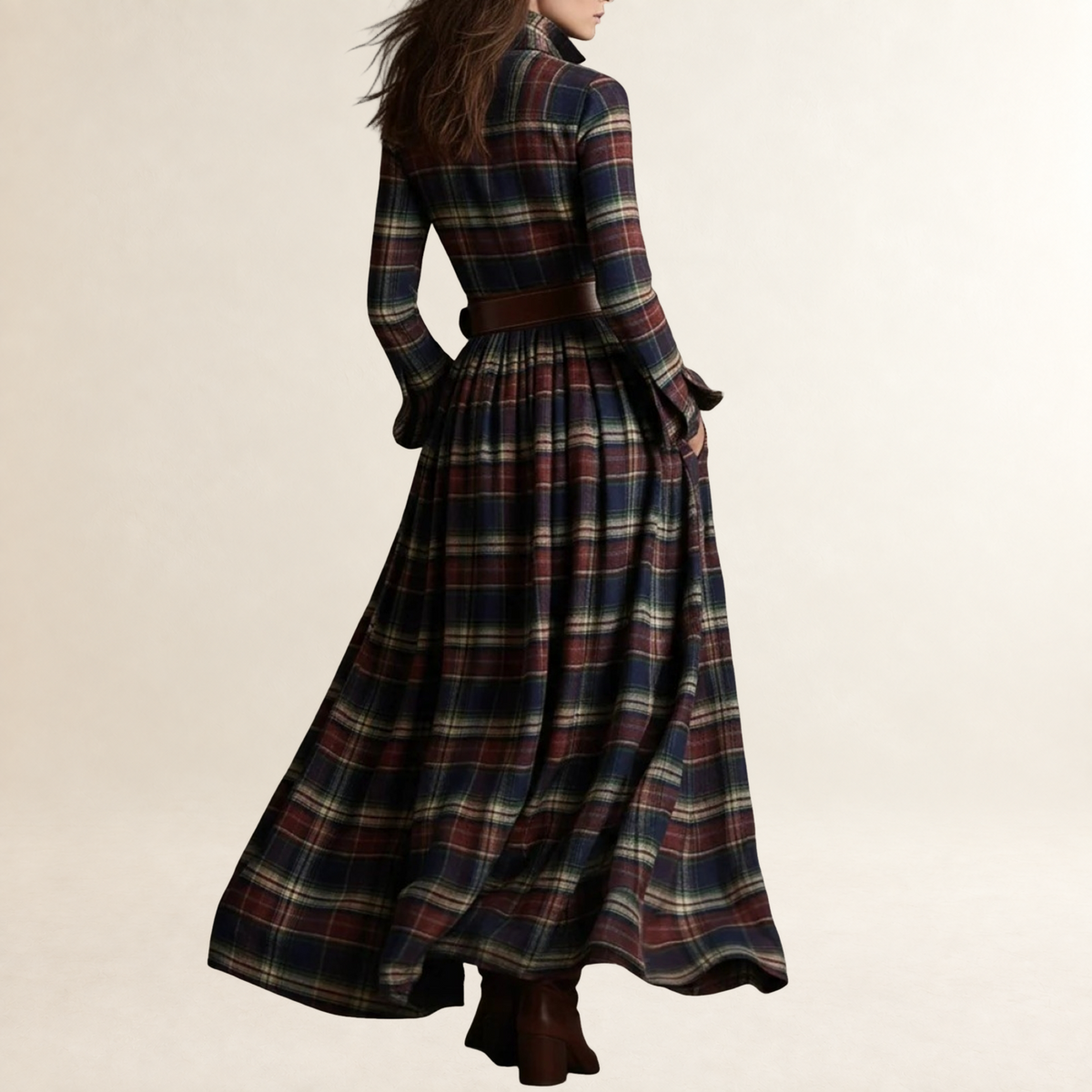 Robe longue femme à col revers motif tartan ceinture coupe décontractée