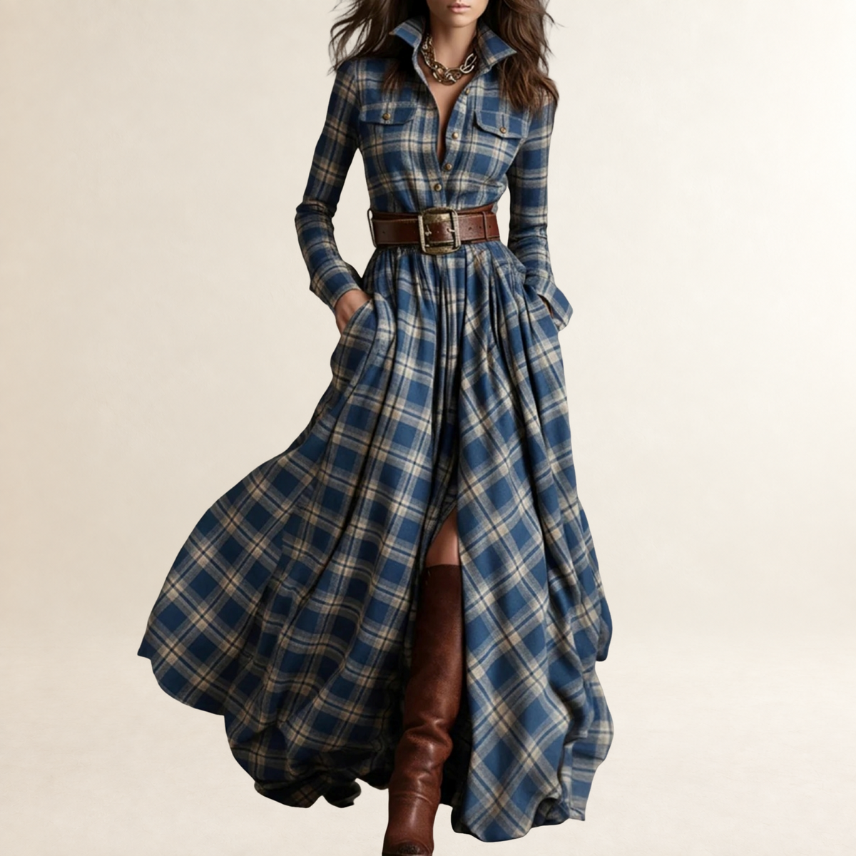 Robe longue femme à col revers motif tartan ceinture coupe décontractée