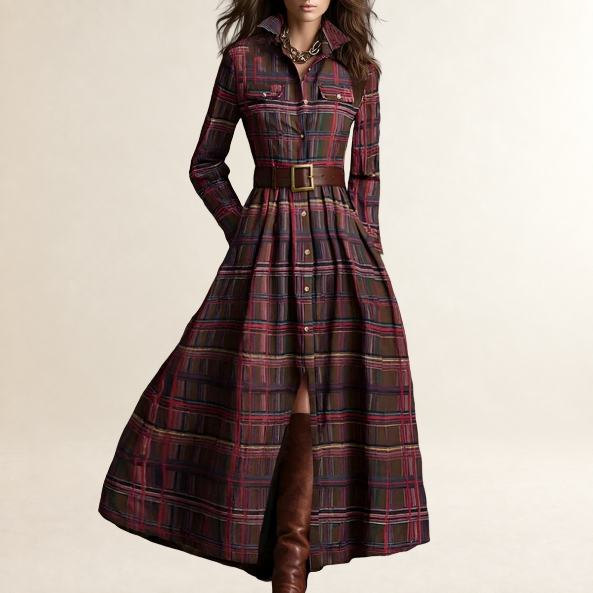 Robe longue femme à col revers motif tartan ceinture coupe décontractée