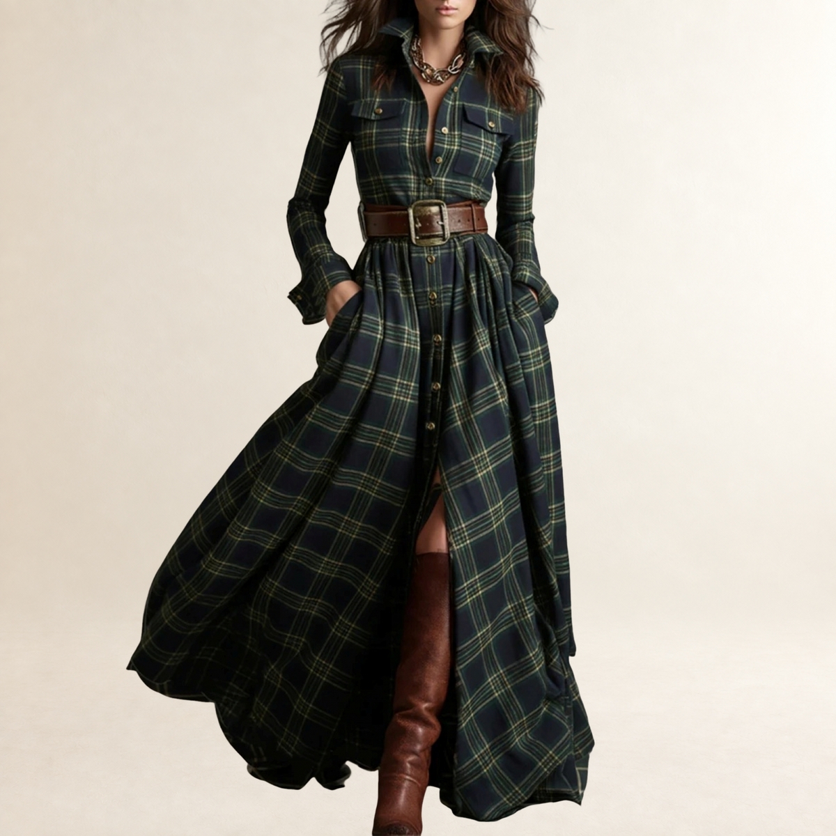 Robe longue femme à col revers motif tartan ceinture coupe décontractée