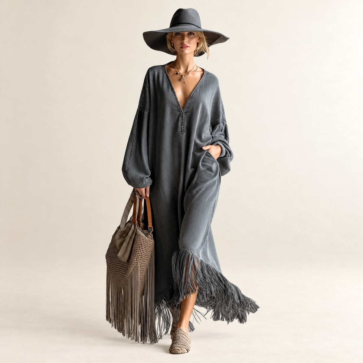 Robe longue femme à décolleté en V manches longues design frangé coupe décontractée