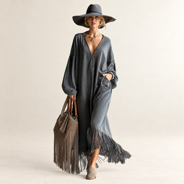 Robe longue femme à décolleté en V manches longues design frangé coupe décontractée