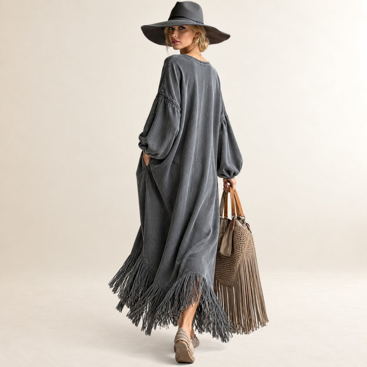 Robe longue femme à décolleté en V manches longues design frangé coupe décontractée