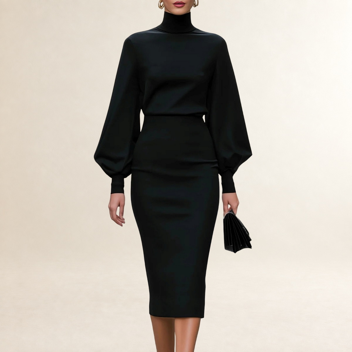 Robe longue femme à manches longues col montant coupe ajustée jupe crayon