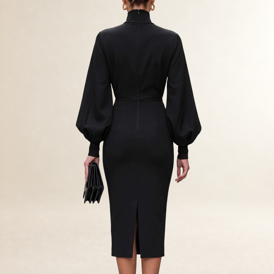 Robe longue femme à manches longues col montant coupe ajustée jupe crayon