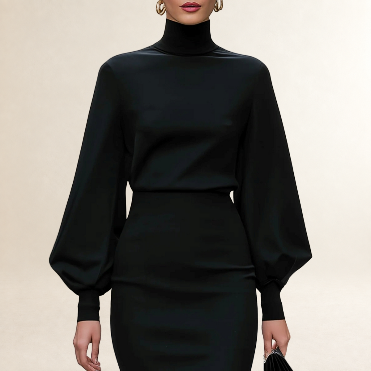 Robe longue femme à manches longues col montant coupe ajustée jupe crayon