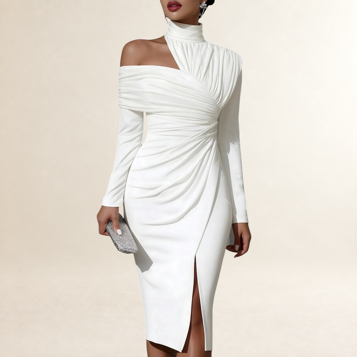 Robe longue femme à manches longues et col haut avec drapé asymétrique et fente latérale