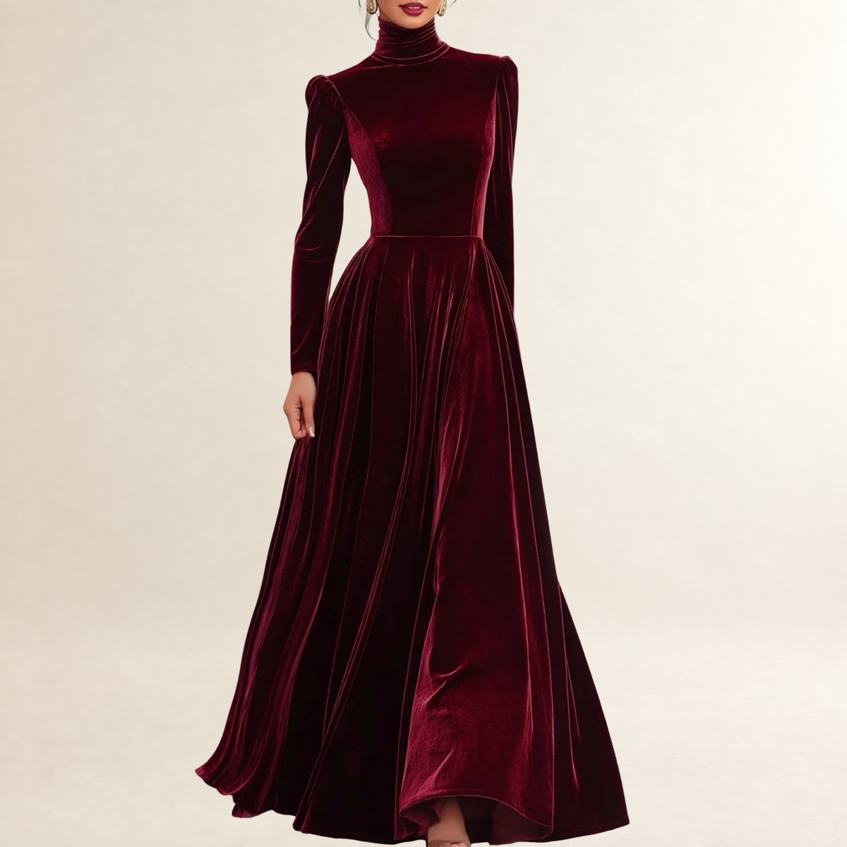 Robe longue femme à manches longues et col haut silhouette ajustée