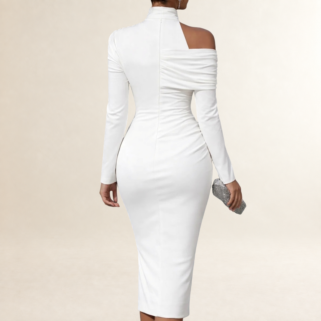 Robe longue femme à manches longues et col haut avec drapé asymétrique et fente latérale