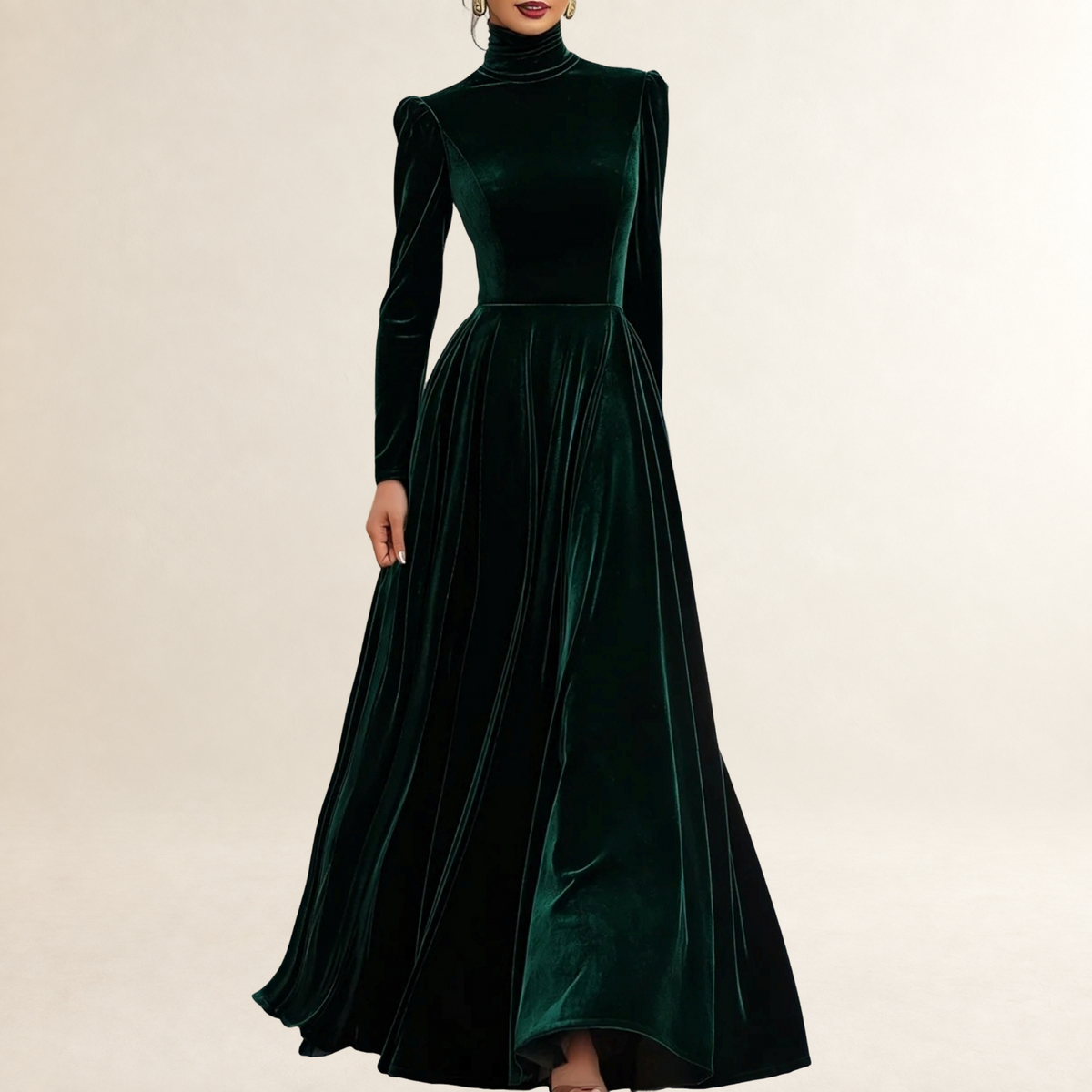 Robe longue femme à manches longues et col haut silhouette ajustée