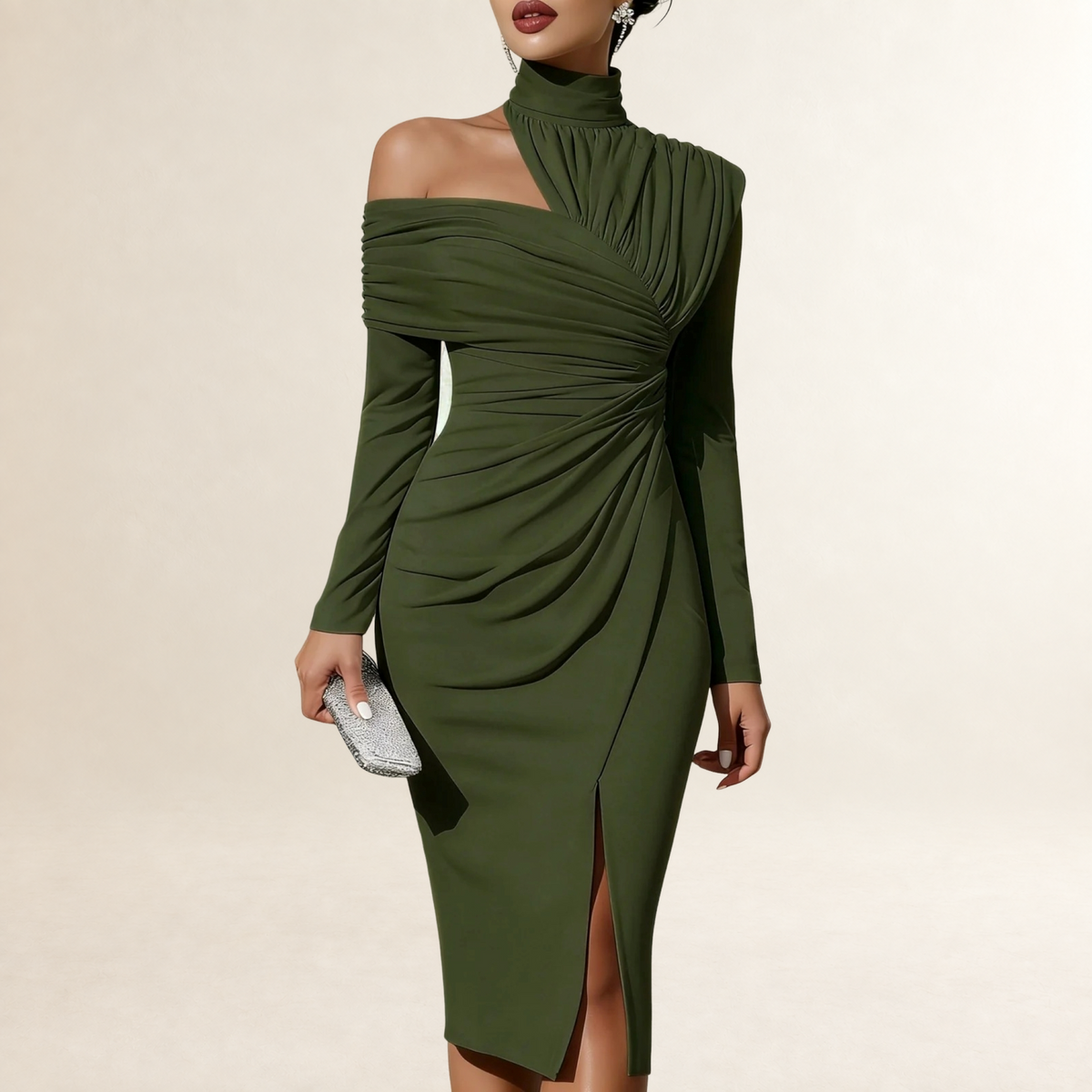 Robe longue femme à manches longues et col haut avec drapé asymétrique et fente latérale