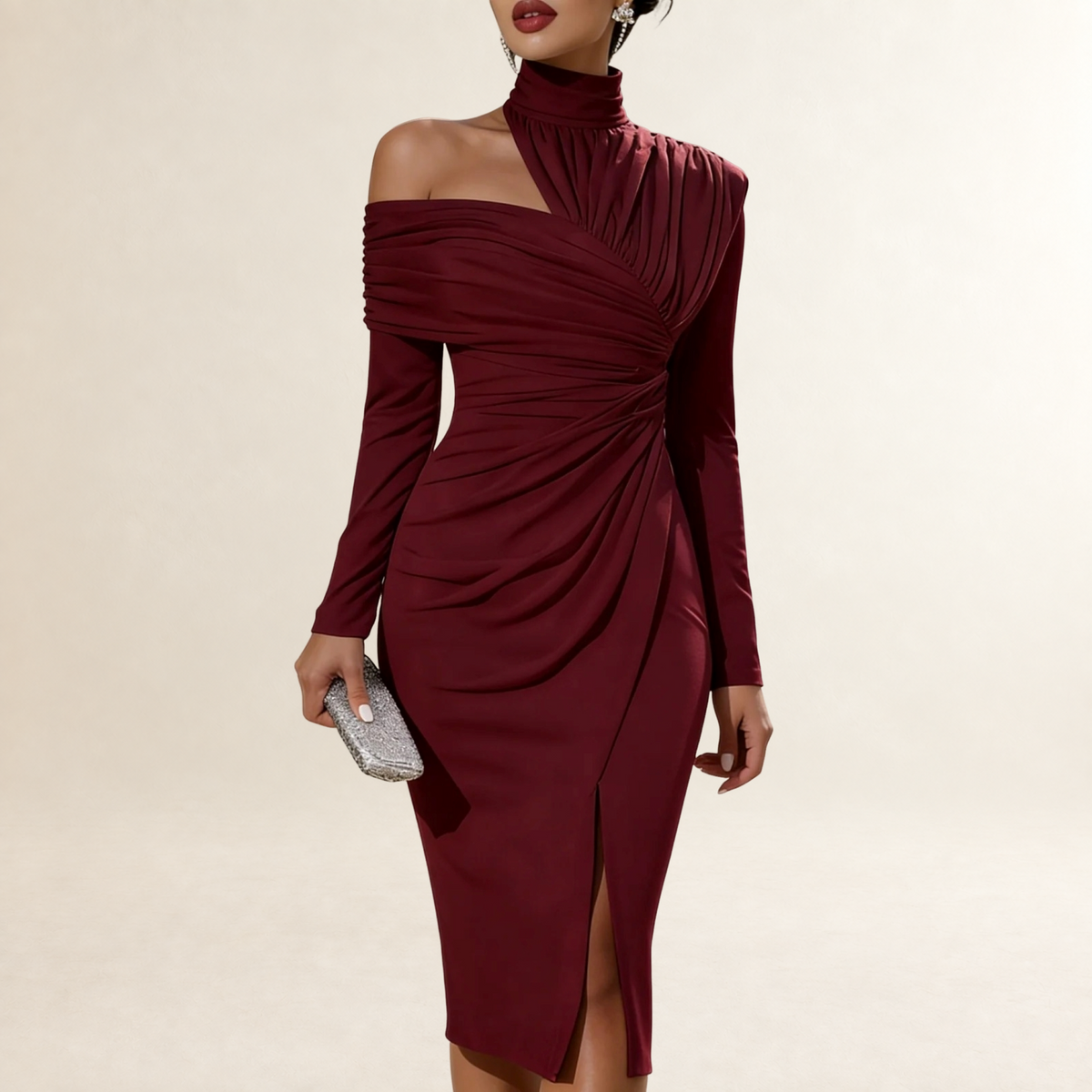 Robe longue femme à manches longues et col haut avec drapé asymétrique et fente latérale
