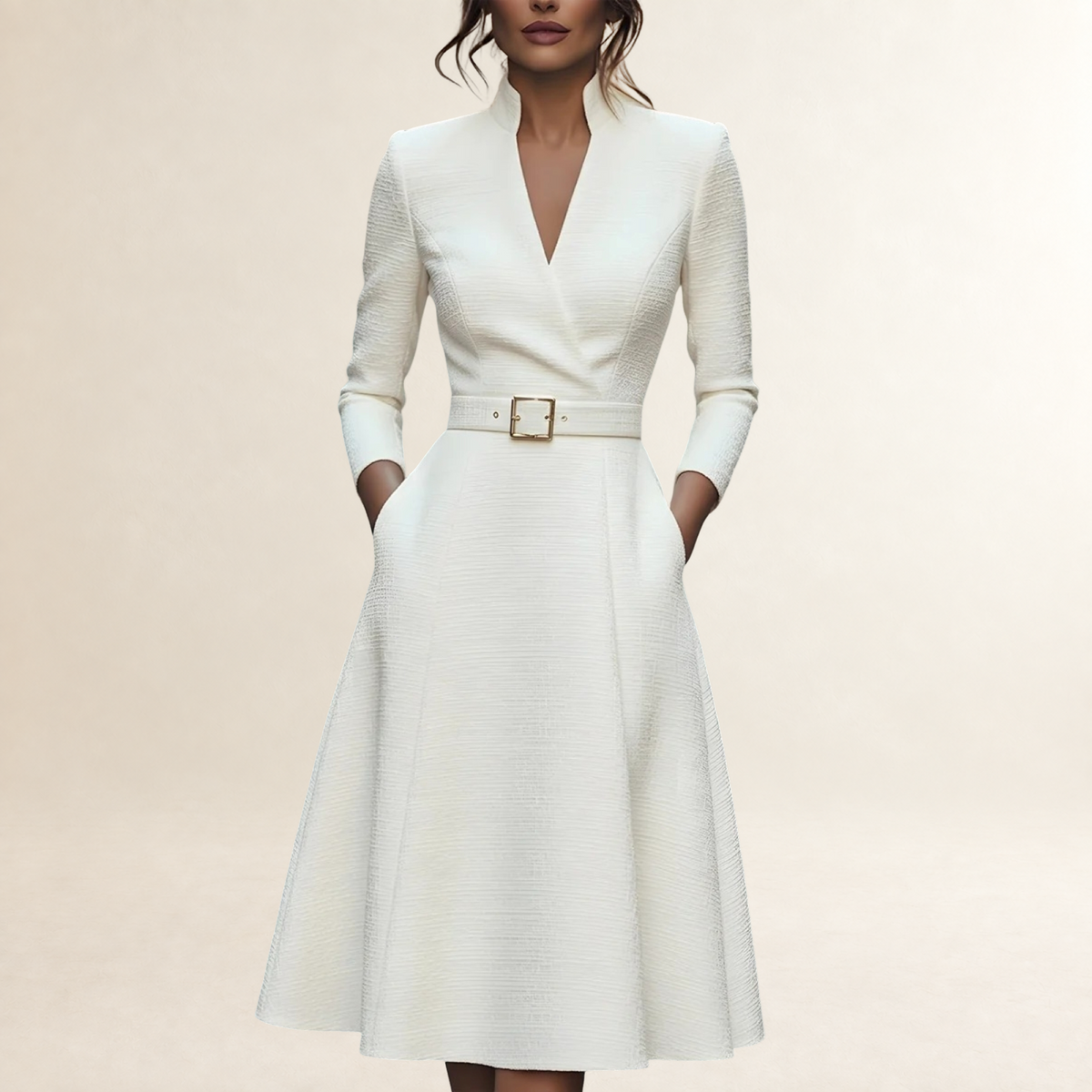 Robe longue femme à manches longues et décolleté en V taille ceinturée coupe évasée