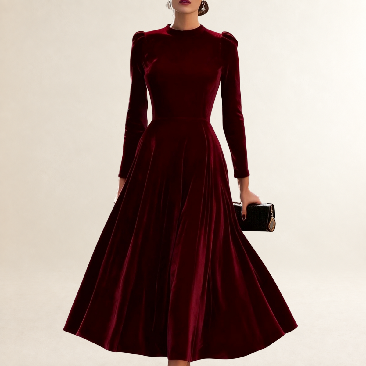 Robe longue femme à manches longues et jupe évasée coupe classique