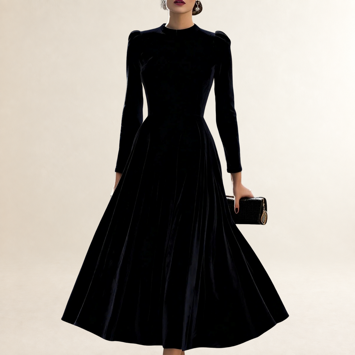 Robe longue femme à manches longues et jupe évasée coupe classique