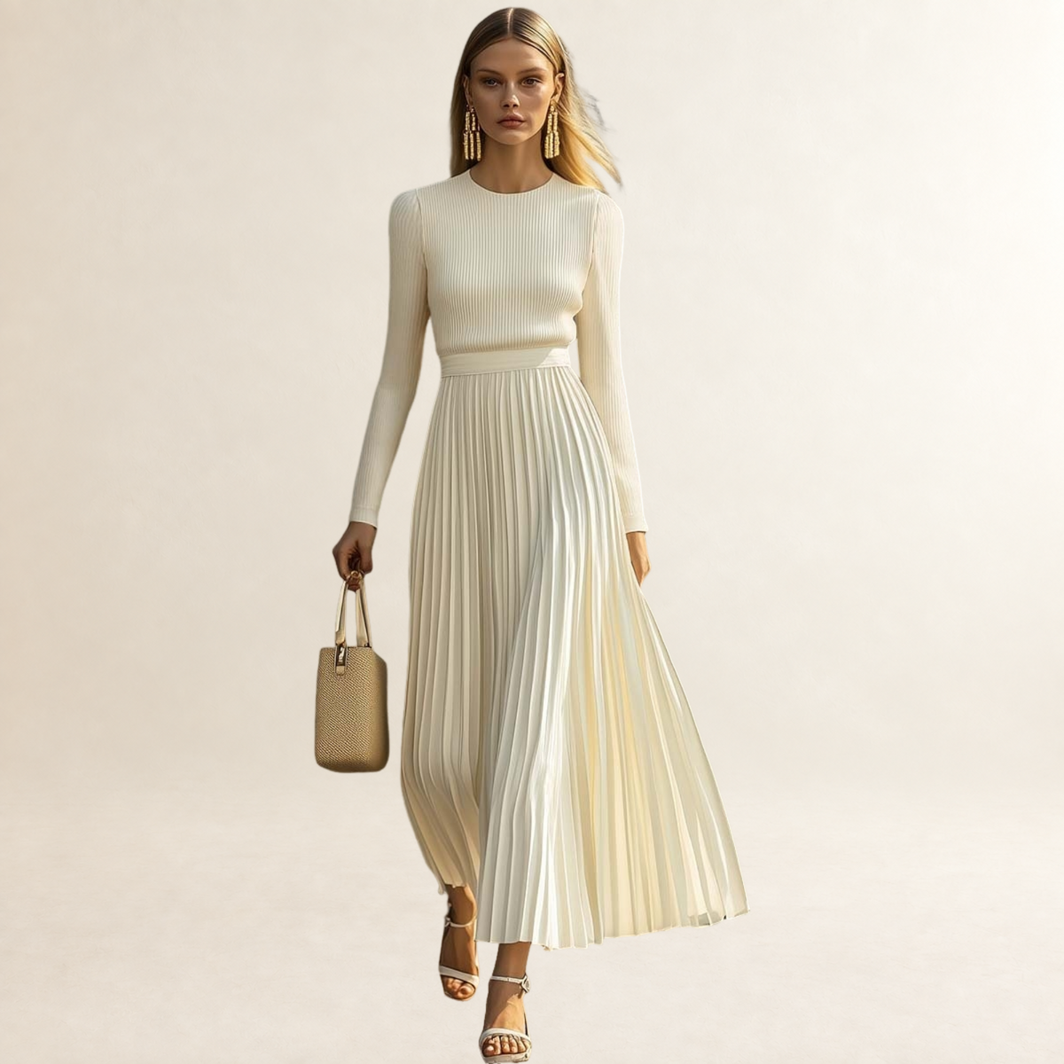 Robe longue femme à manches longues et plissée coupe ajustée