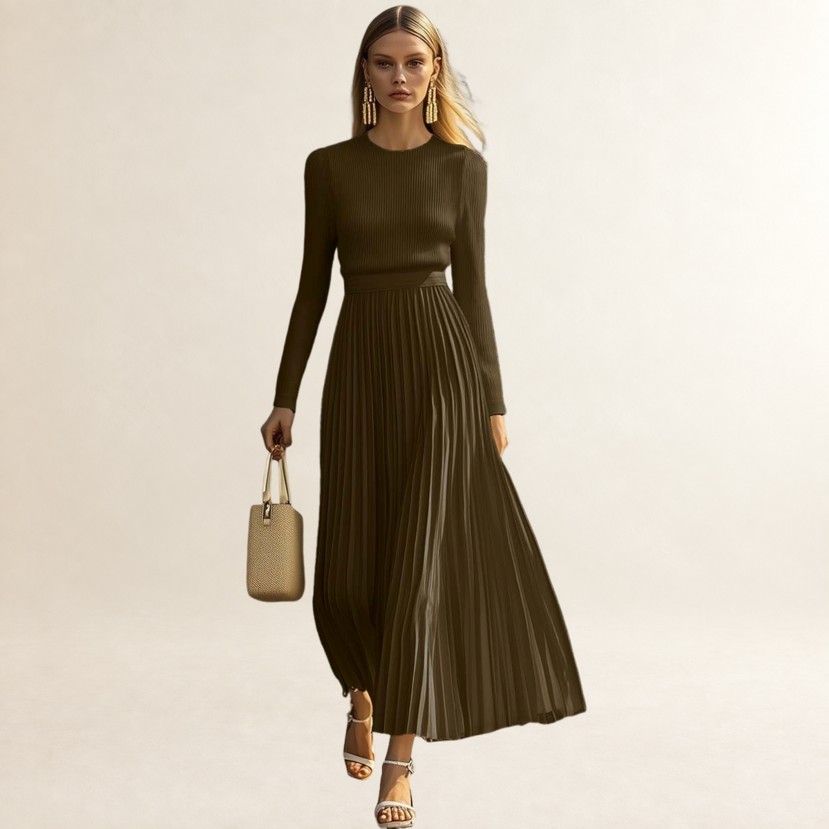 Robe longue femme à manches longues et plissée coupe ajustée
