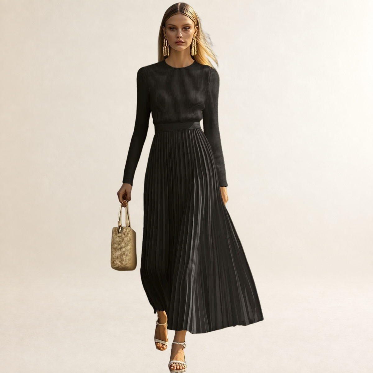 Robe longue femme à manches longues et plissée coupe ajustée