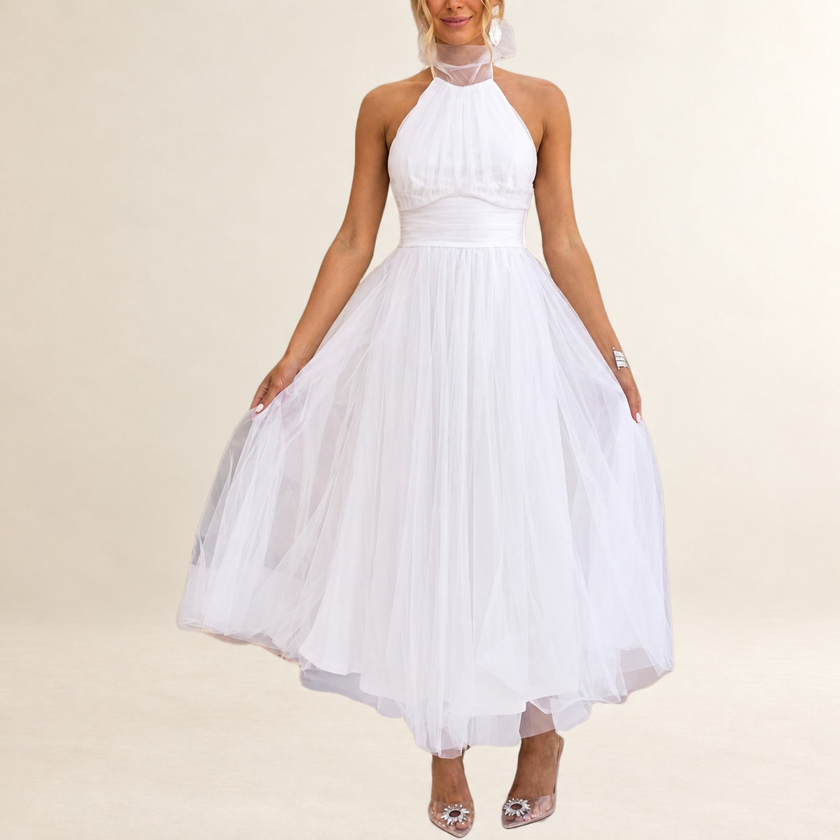 Robe longue femme maxi à col halter avec lien réglable, corsage froncé et taille ruchée - jupe évasée A-line