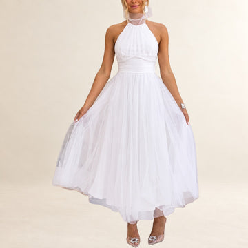 Robe longue femme maxi à col halter avec lien réglable, corsage froncé et taille ruchée - jupe évasée A-line
