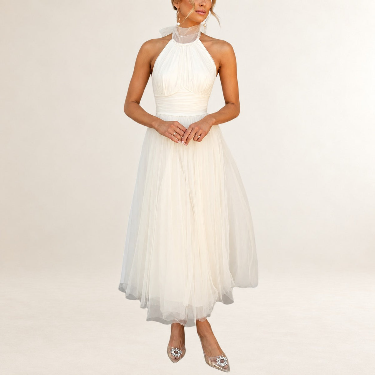 Robe longue femme maxi à col halter avec lien réglable, corsage froncé et taille ruchée - jupe évasée A-line