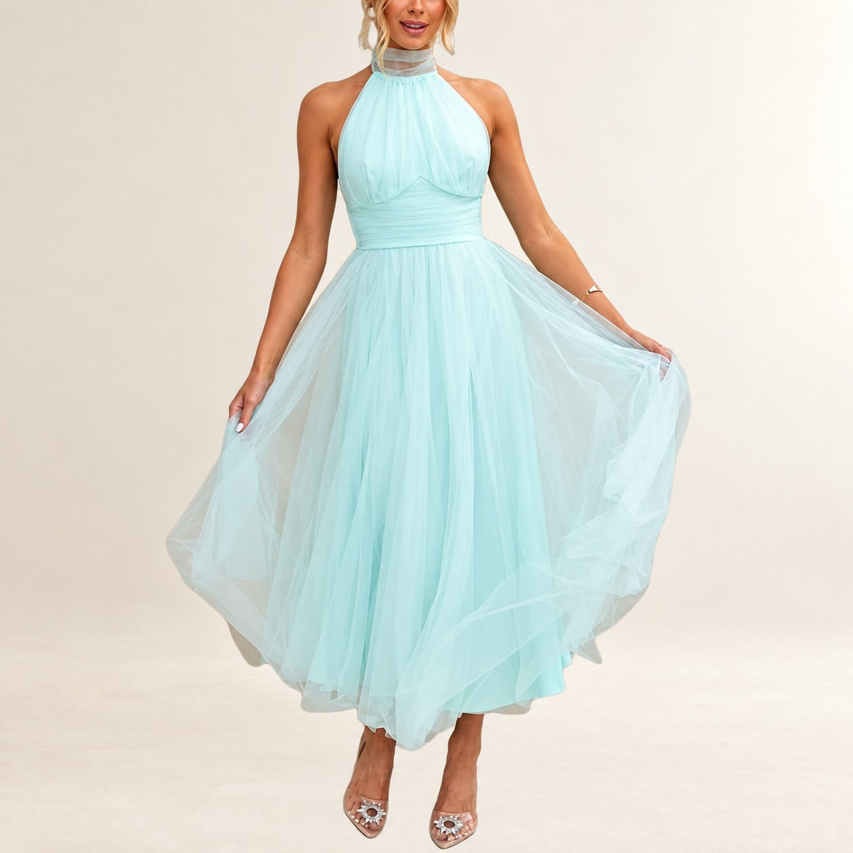 Robe longue femme maxi à col halter avec lien réglable, corsage froncé et taille ruchée - jupe évasée A-line
