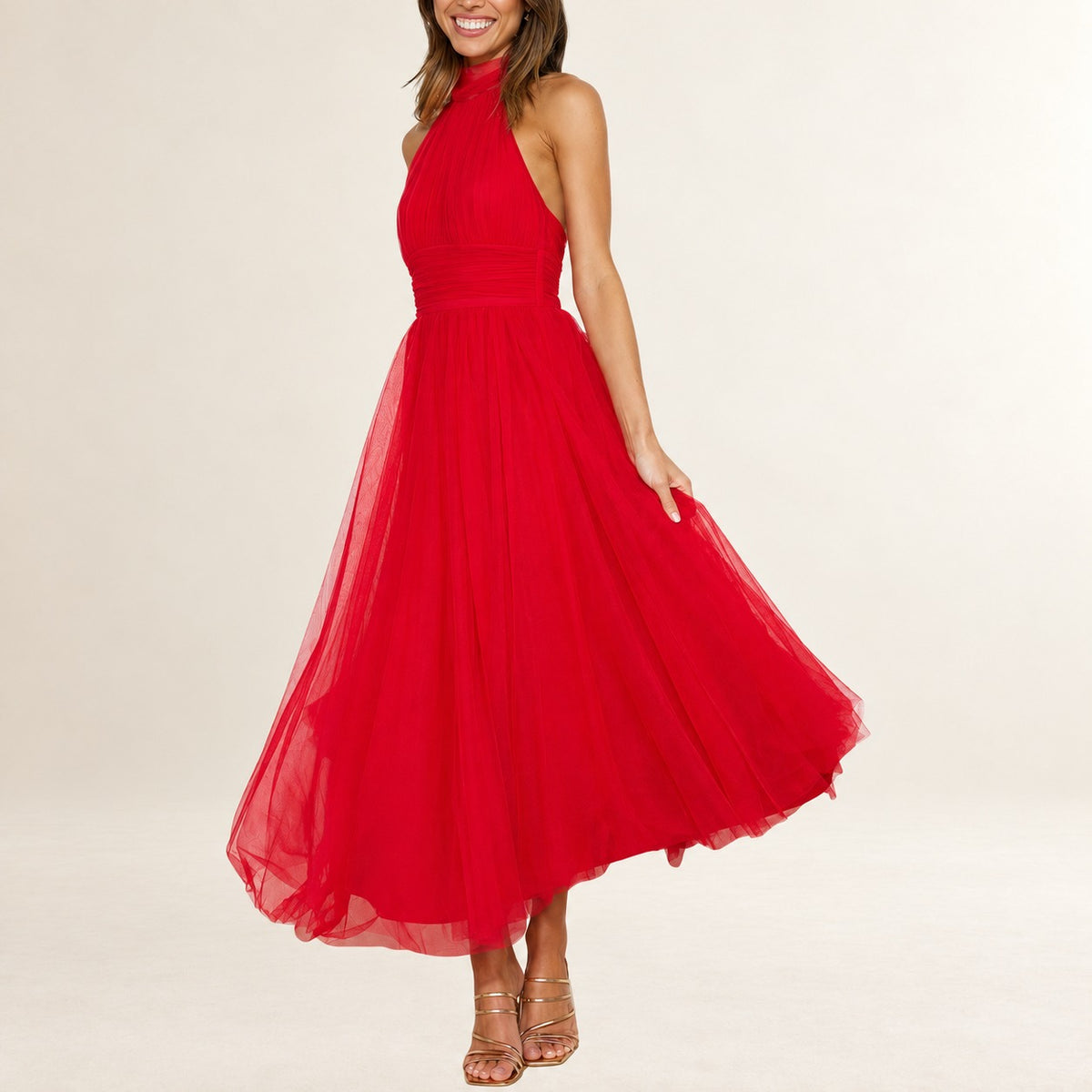 Robe longue femme maxi à col halter avec lien réglable, corsage froncé et taille ruchée - jupe évasée A-line
