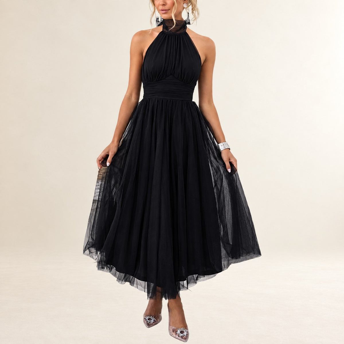 Robe longue femme maxi à col halter avec lien réglable, corsage froncé et taille ruchée - jupe évasée A-line