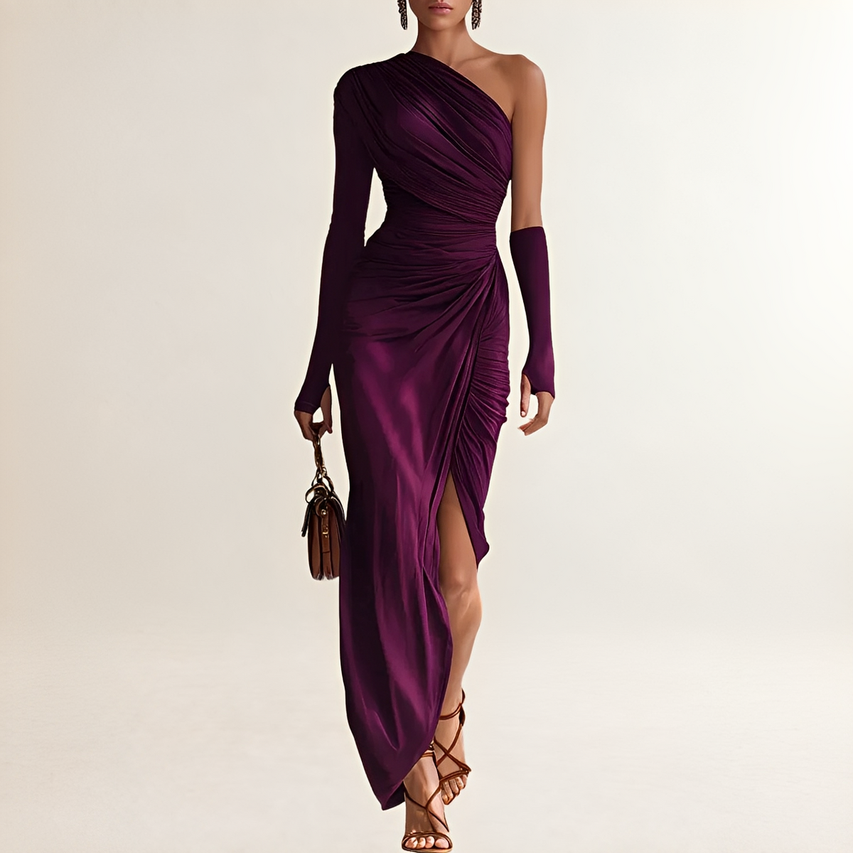 Robe longue femme à épaule nue - taille drapée et fente côté