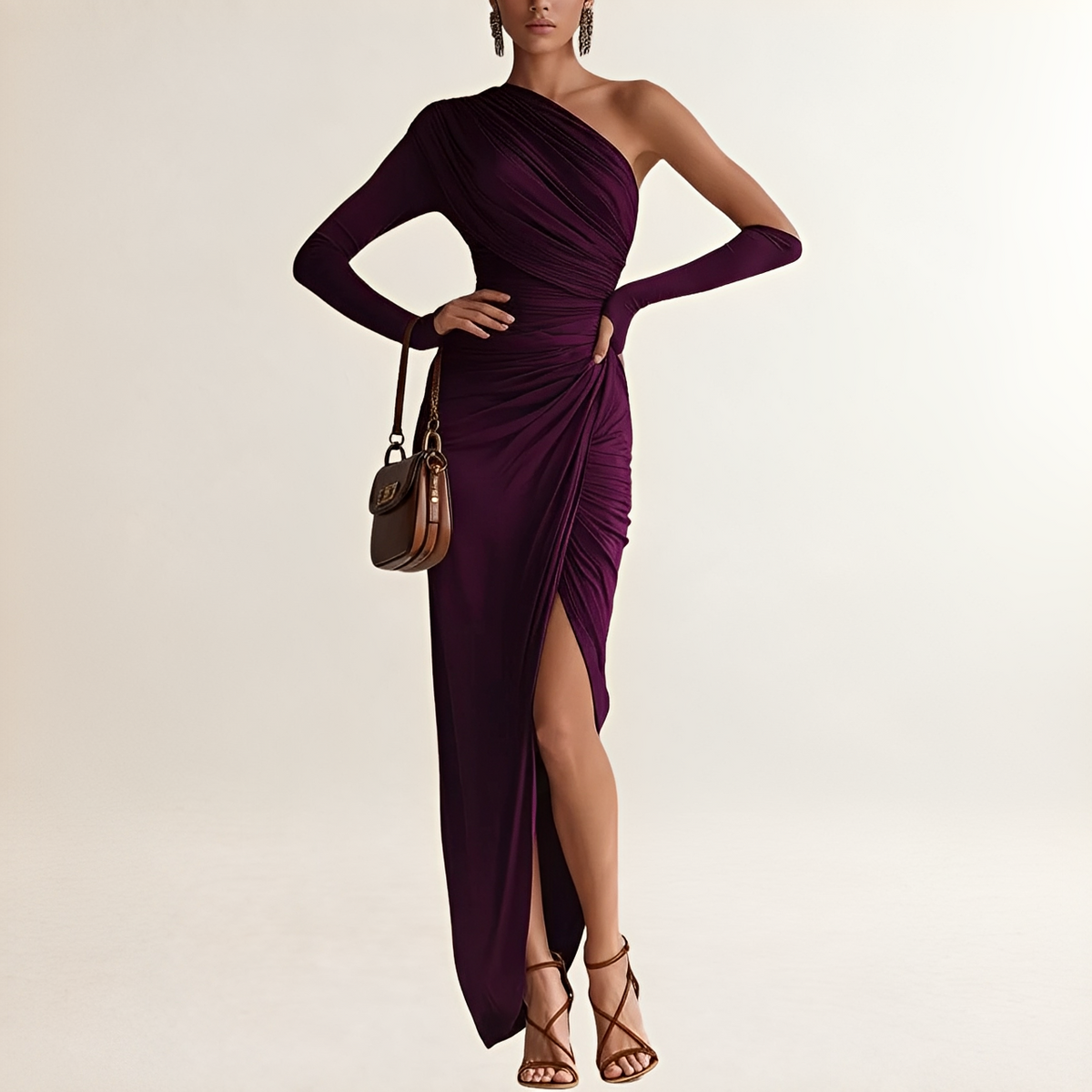 Robe longue femme à épaule nue - taille drapée et fente côté