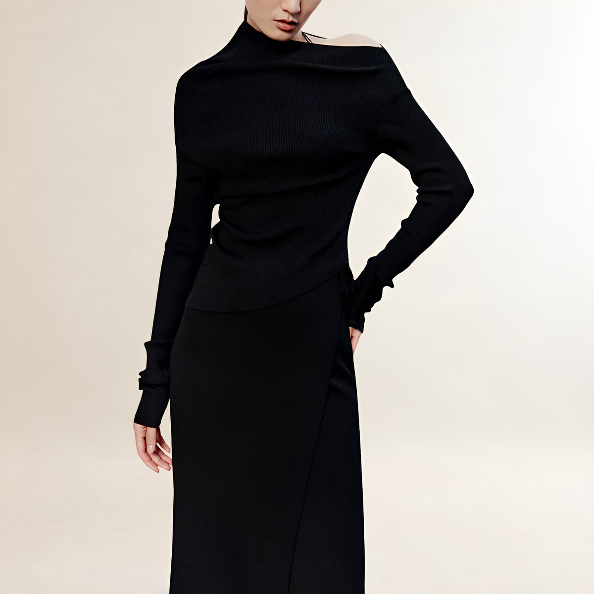 Robe longue femme à épaules dénudées, manches longues, style portefeuille avec fente