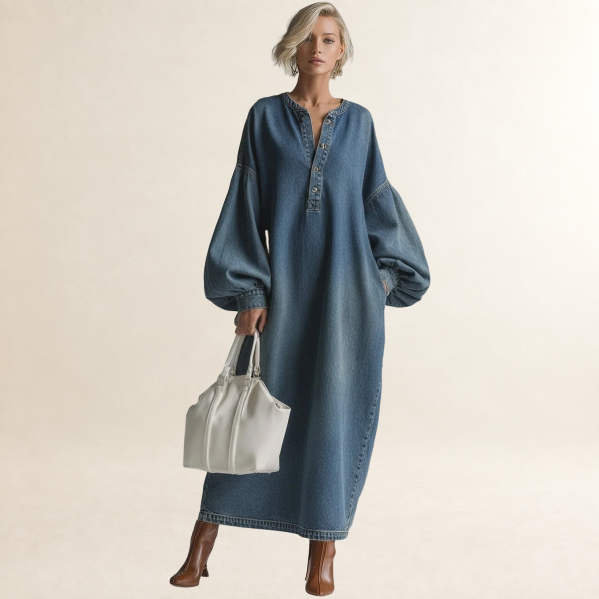 Robe longue pour femmes à boutons, manches ballon, coupe décontractée