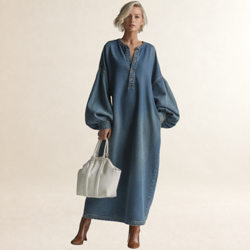 Robe longue pour femmes à boutons, manches ballon, coupe décontractée
