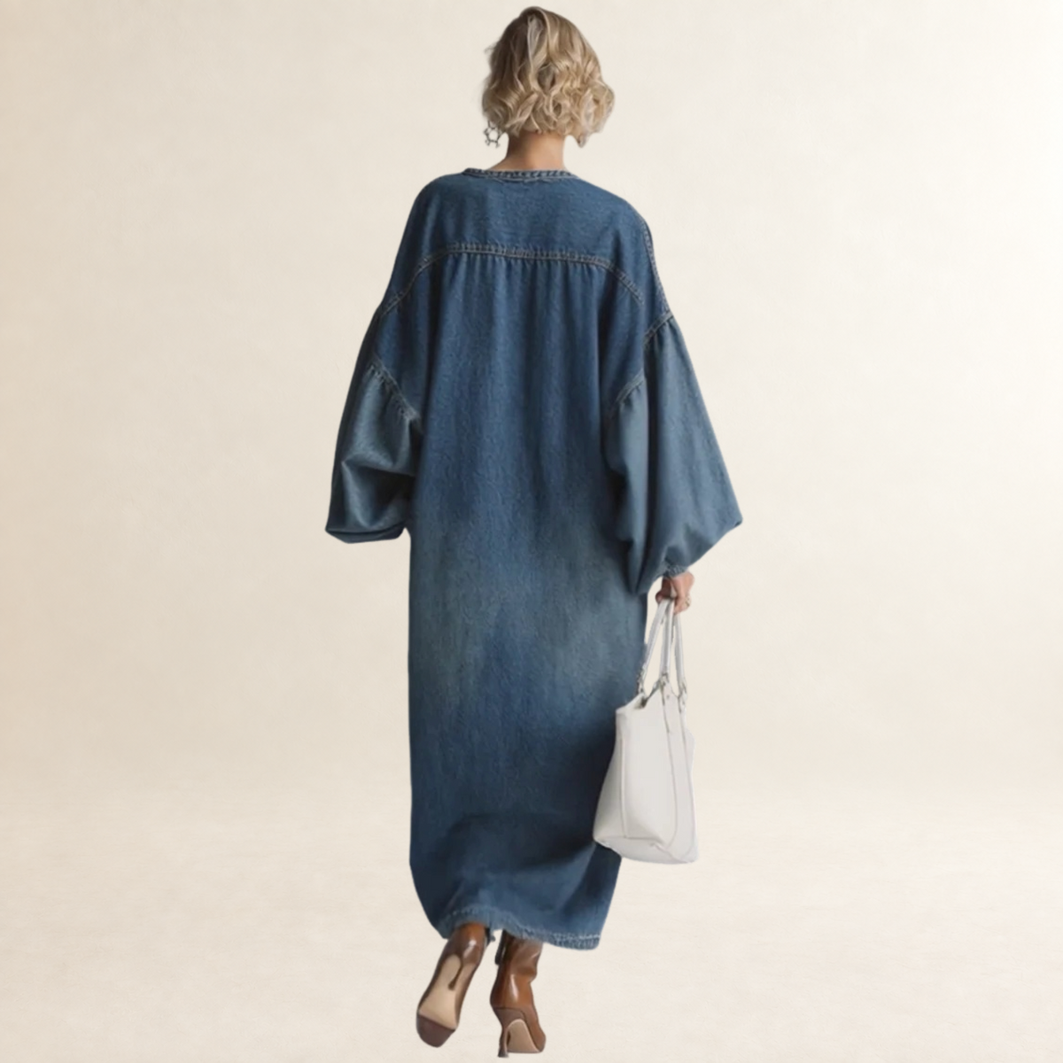 Robe longue pour femmes à boutons, manches ballon, coupe décontractée