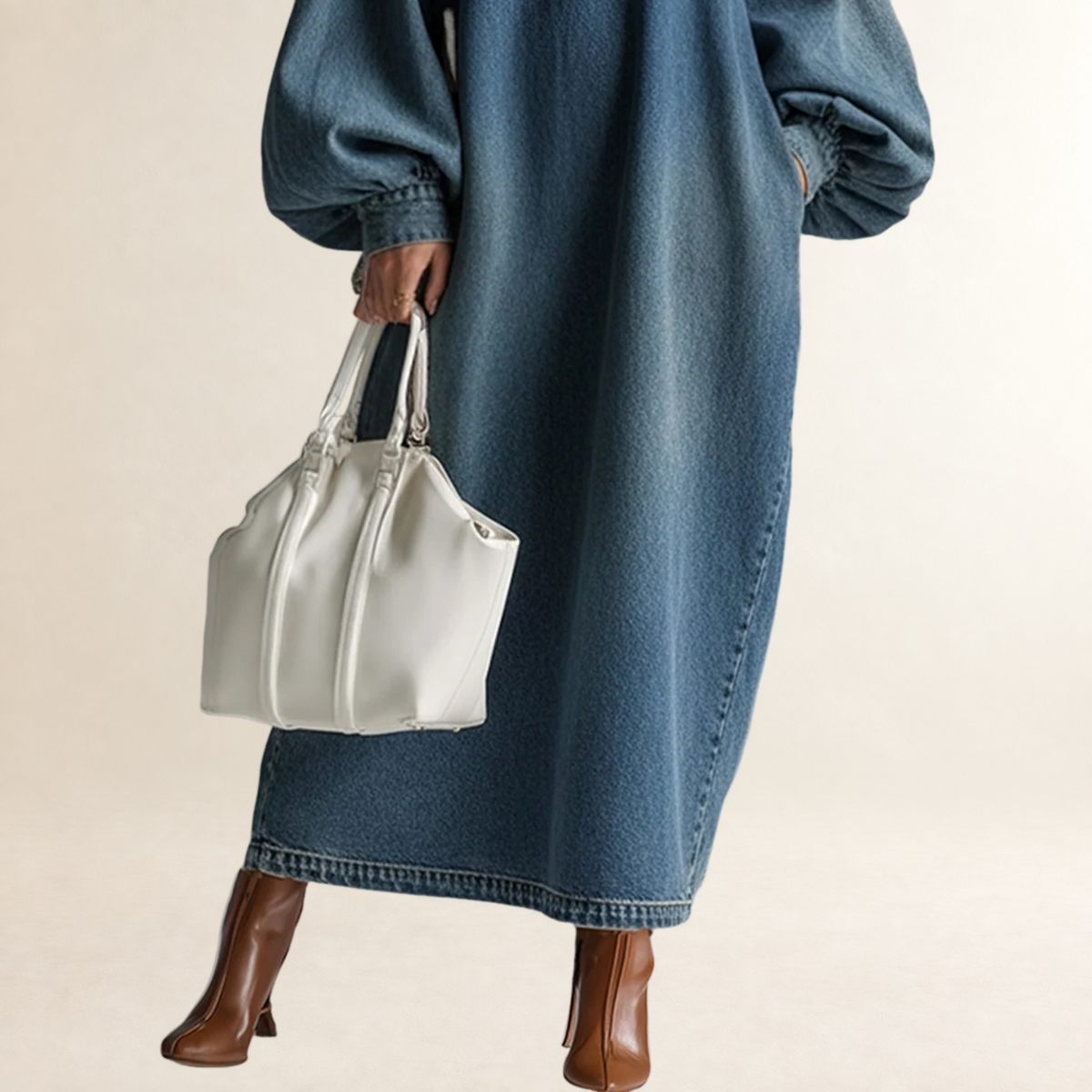 Robe longue pour femmes à boutons, manches ballon, coupe décontractée
