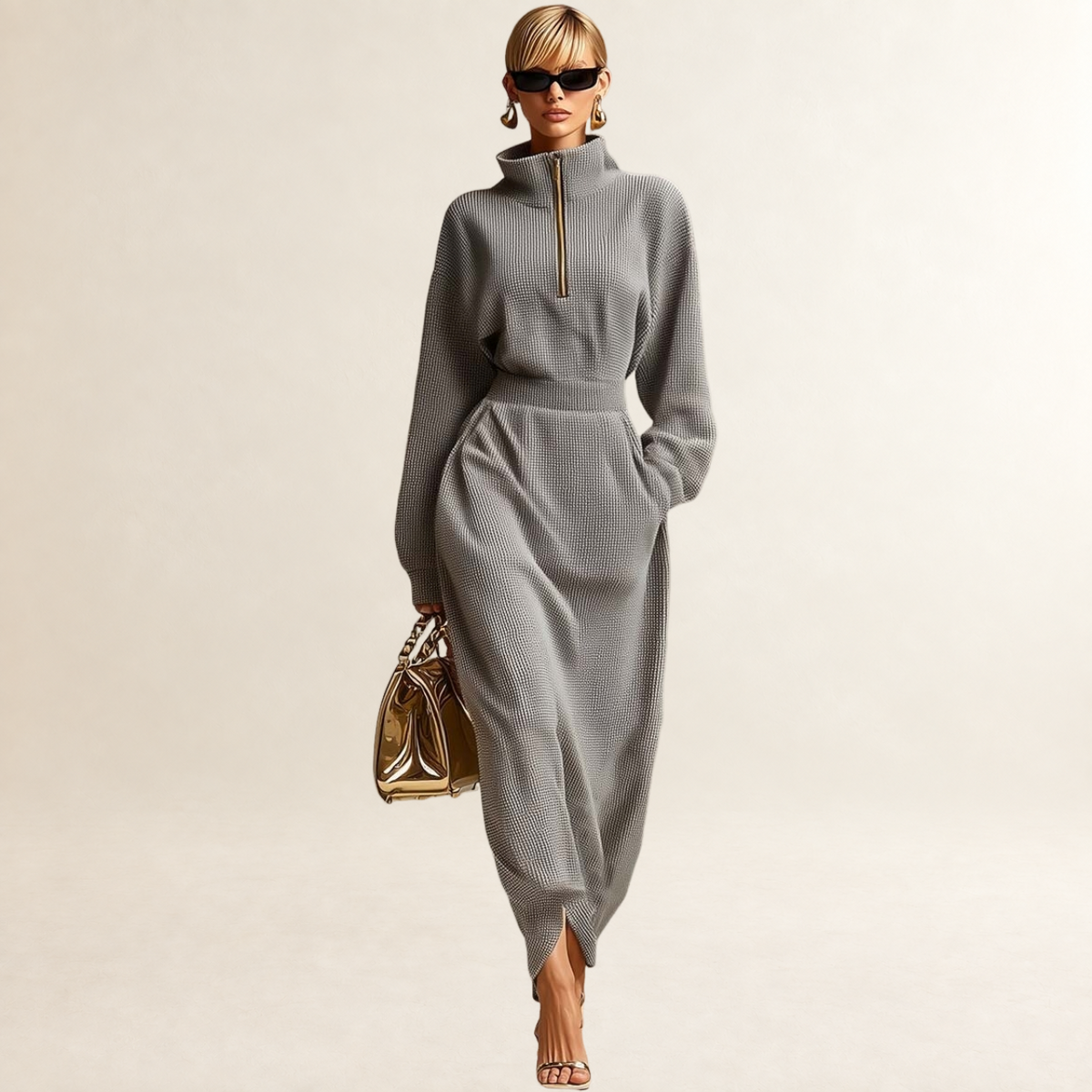 Robe longue pour femmes à col montant, zip frontal, manches longues, coupe décontractée
