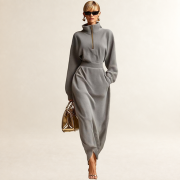 Robe longue pour femmes à col montant, zip frontal, manches longues, coupe décontractée