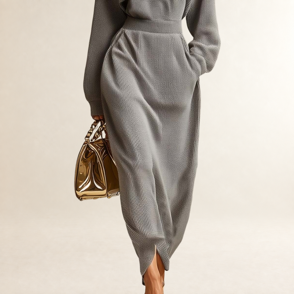 Robe longue pour femmes à col montant, zip frontal, manches longues, coupe décontractée