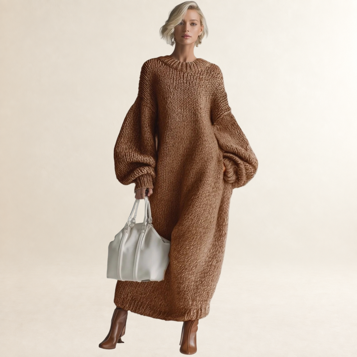 Robe longue pour femmes coupe oversize col rond manches longues texture