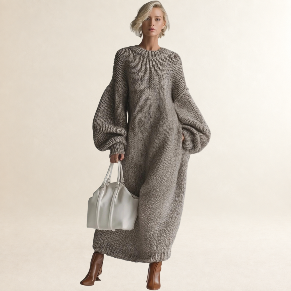 Robe longue pour femmes coupe oversize col rond manches longues texture