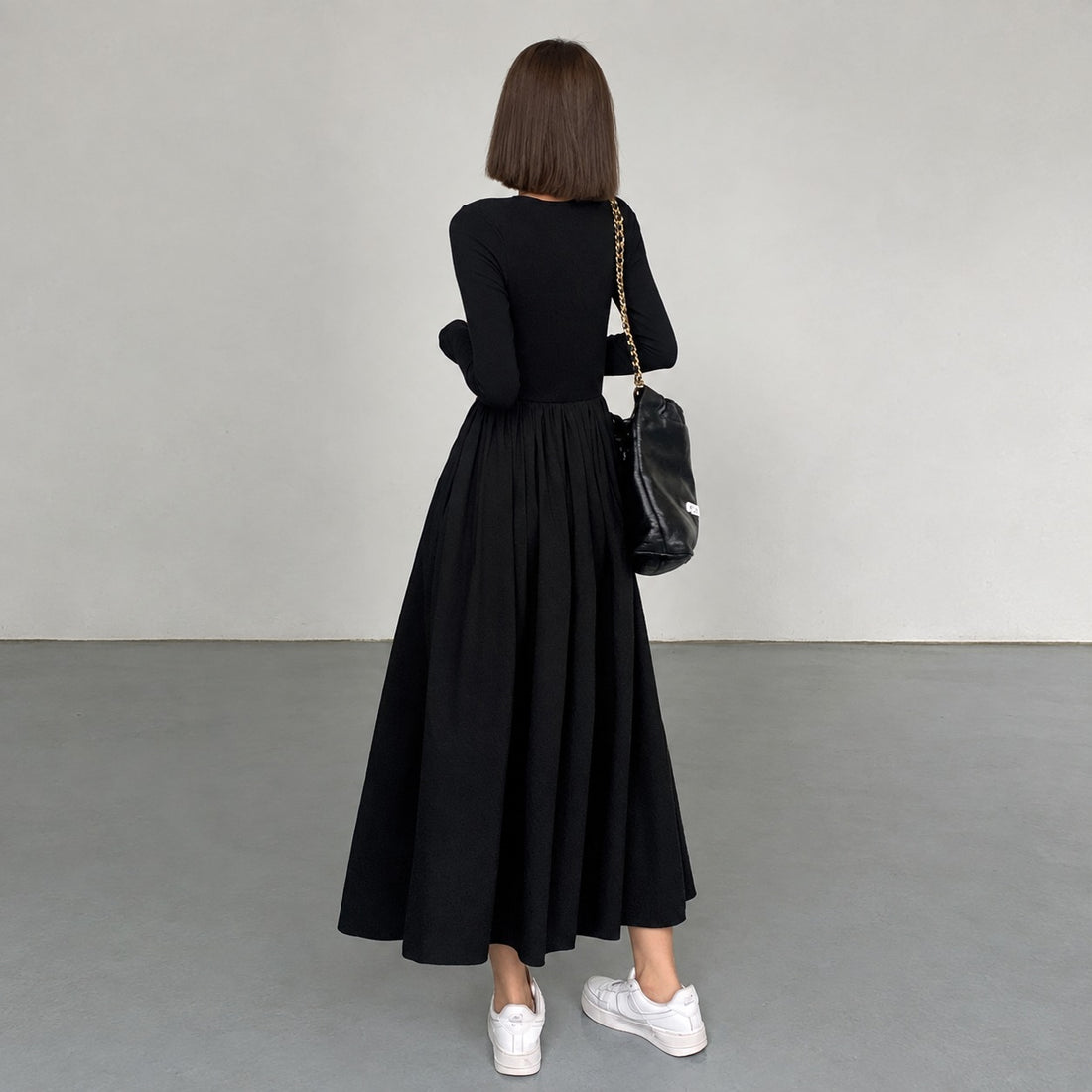 Robe longue pour femmes à manches longues, col rond, coupe régulière avec poches