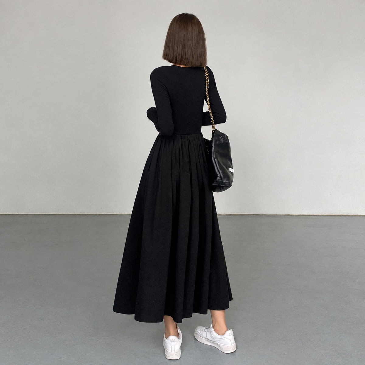 Robe longue pour femmes à manches longues, col rond, coupe régulière avec poches