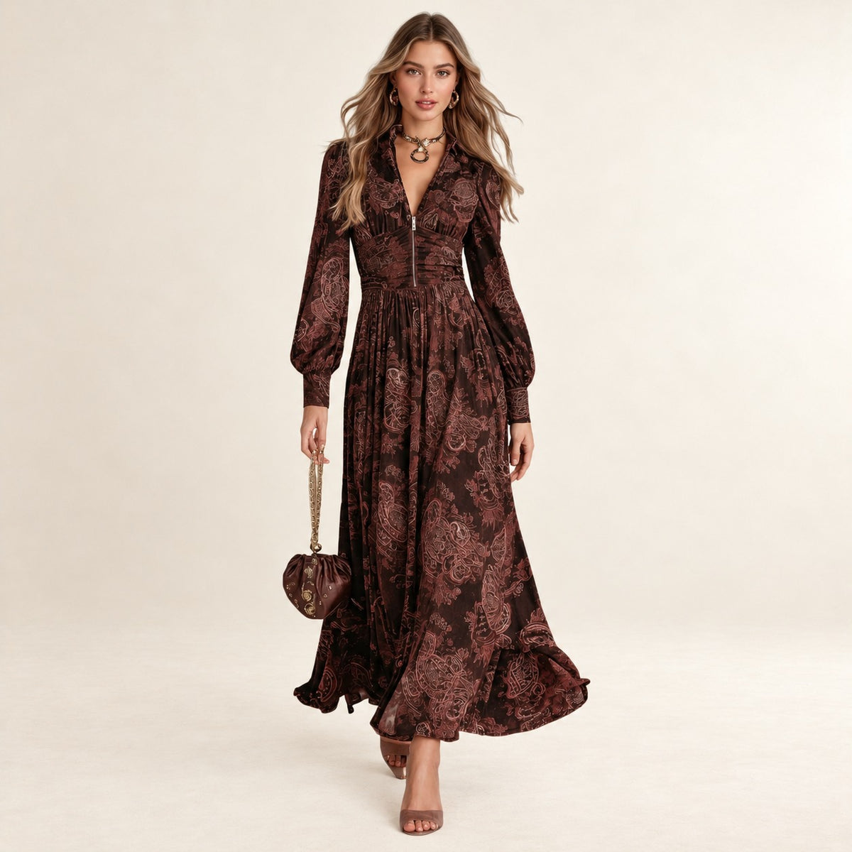 Robe maxi femme à col chemise V et zip front - taille évasée avec ceinture drapée et imprimé paisley