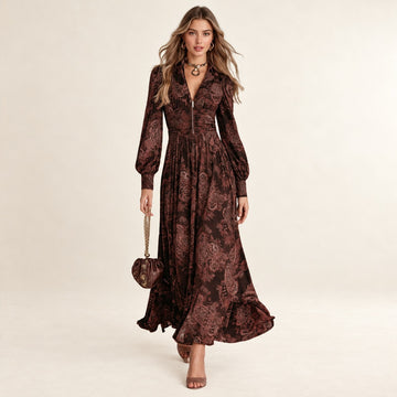 Robe maxi femme à col chemise V et zip front - taille évasée avec ceinture drapée et imprimé paisley