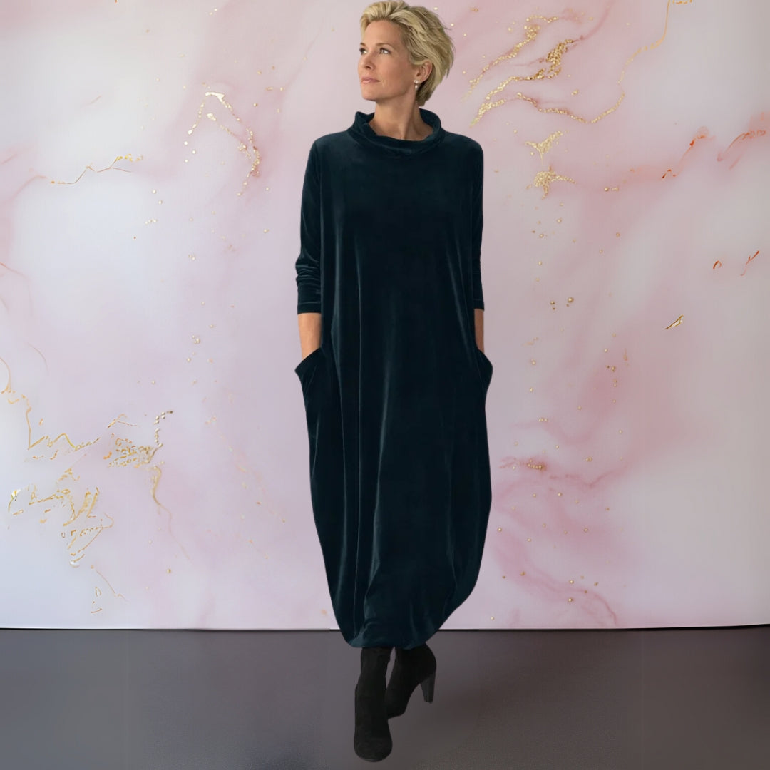 Robe maxi femme à col roulé et manches longues, poches latérales, ourlet tulipe